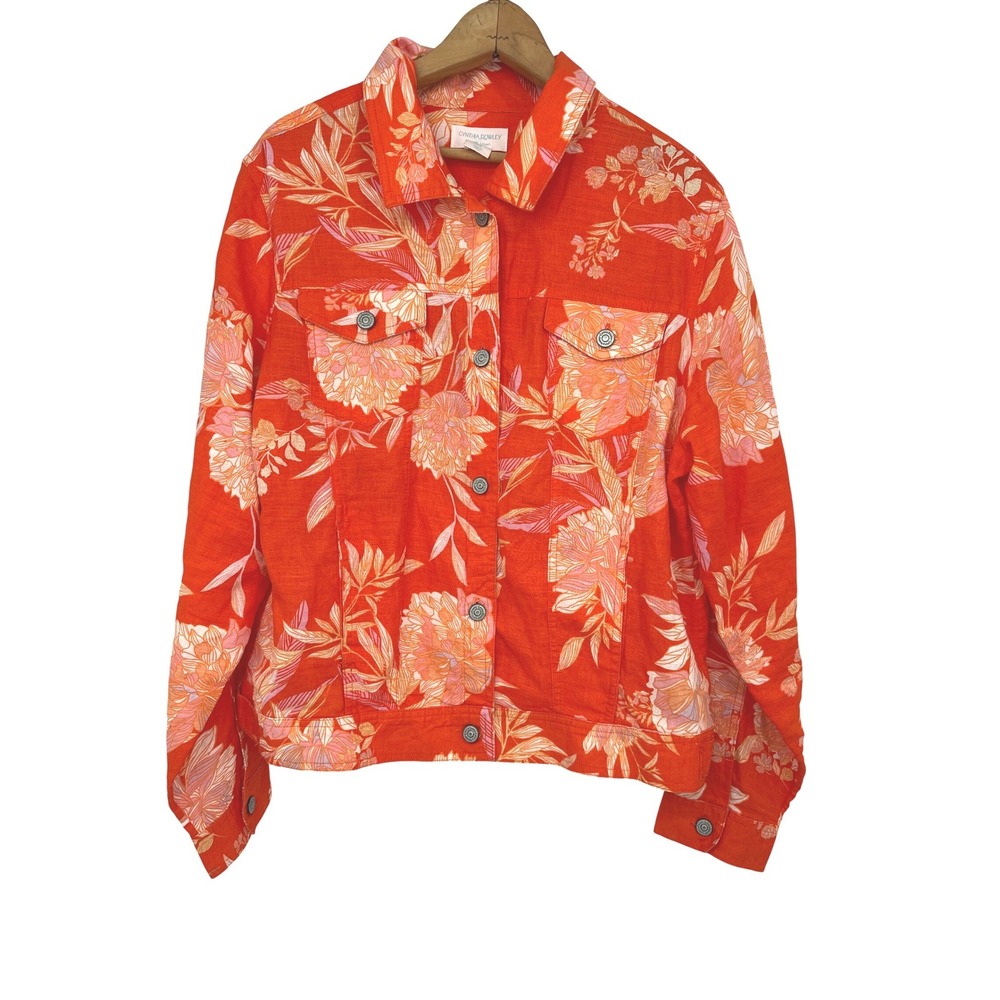 Cynthia Rowley Linen Jacket Women XL Orange Floral Coastal Tropical Resort Beach